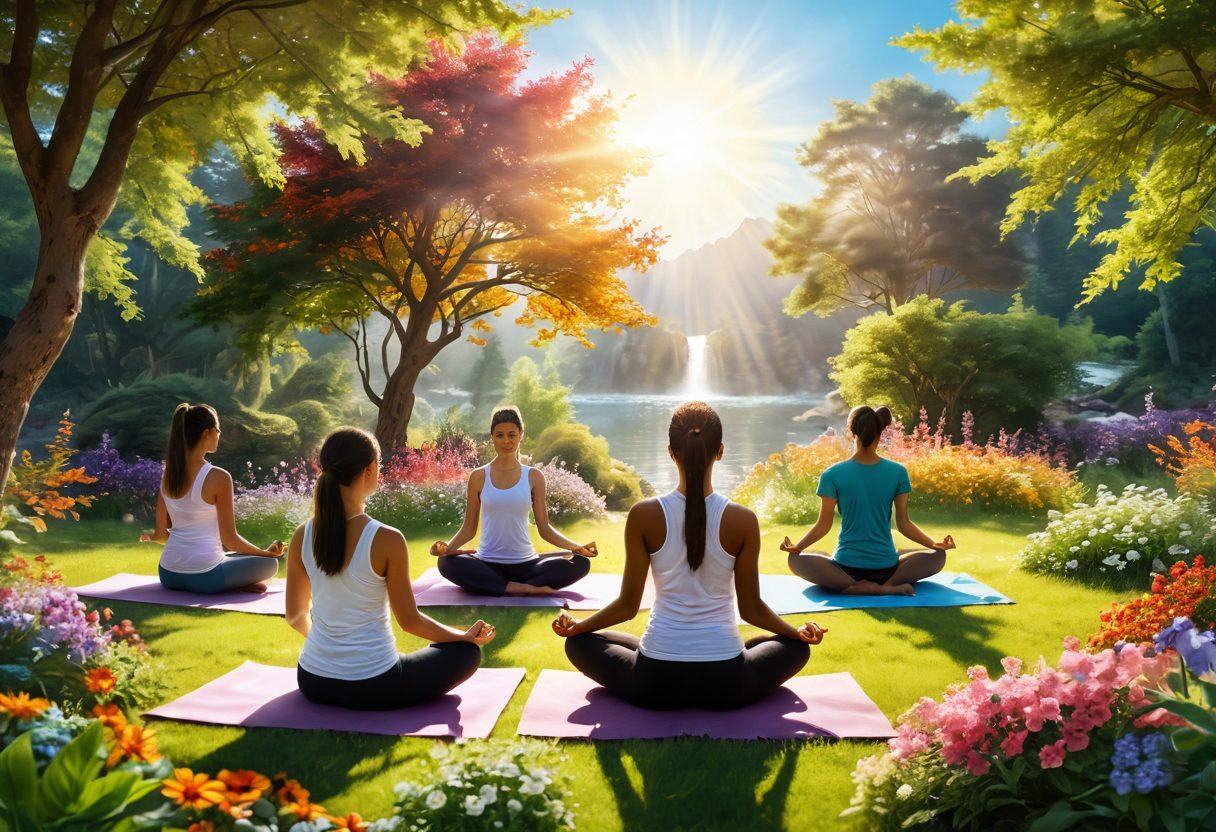 A serene landscape featuring diverse individuals engaged in supportive activities, such as sharing stories and demonstrating holistic healing methods like yoga and mindfulness. The background showcases a blend of nature elements symbolizing life and growth, like blooming flowers and a bright sun. Incorporate warm and uplifting colors to evoke a sense of empowerment and unity. super-realistic. vibrant colors. soft focus.