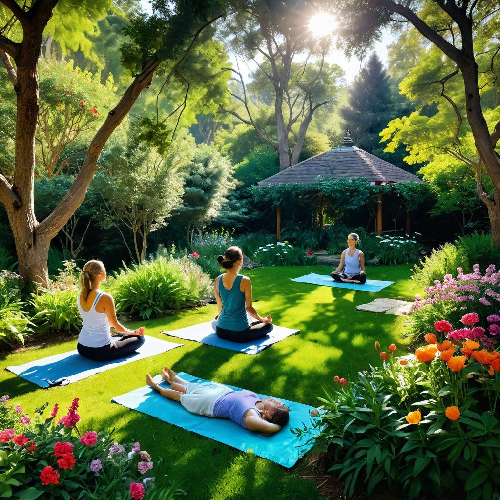 A serene garden setting with a diverse group of people practicing yoga, meditating, and engaging in energy healing sessions, surrounded by colorful flowers and lush greenery. In one corner, a calm, knowledgeable healer demonstrates acupuncture techniques. Soft sunlight filters through the trees, enhancing a peaceful and restorative atmosphere. super-realistic. vibrant colors. natural landscape.