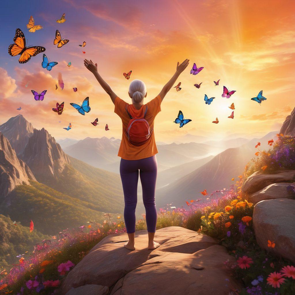A hopeful cancer survivor standing strong on a mountain peak, arms raised in triumph, surrounded by colorful butterflies symbolizing transformation and resilience. In the background, a sunrise paints the sky with warm hues, representing new beginnings. Include elements of healthy lifestyle choices like fruits and yoga mats scattered around. Light, uplifting atmosphere. vibrant colors. super-realistic.